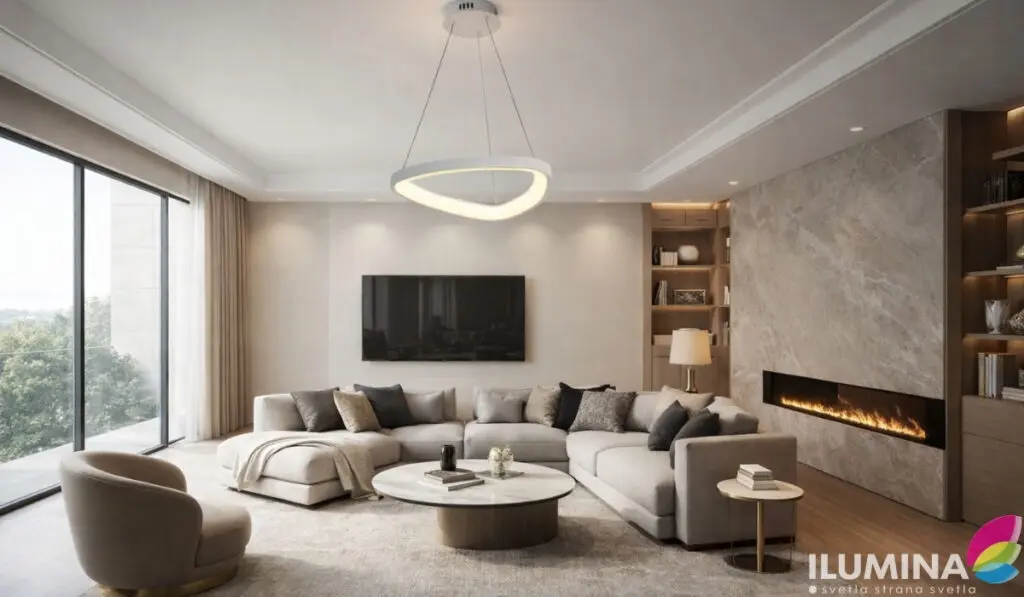 Veliki moderan dnevni boravak sa LED visilicom trouglastog oblika iznad garniture za sedenje