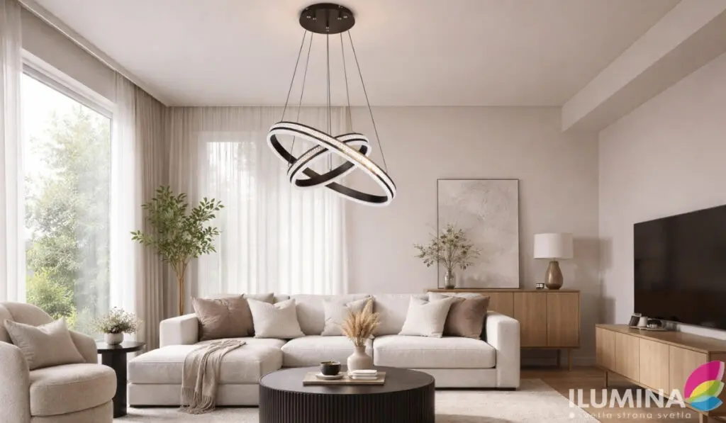 Moderna dnevna soba sa prstenastim LED lusterom iznad svetle garniture za sedenje