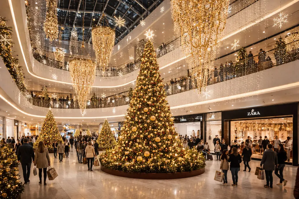 Bogato dekorisan shopping mall sa velikim novogodišnjim jelakama, visećom prazničnom rasvetom i toplim zlatnim osvetljenjem