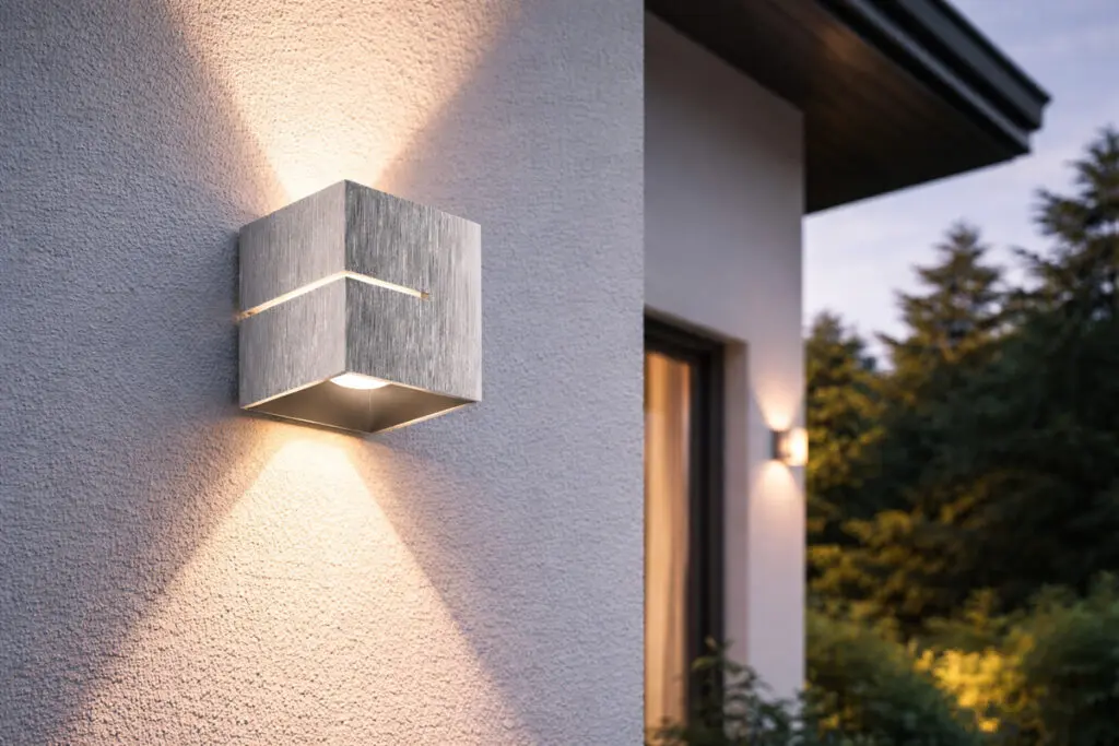 Moderna spoljašnja zidna lampa od brušenog aluminijuma montirana na fasadi kuće sa toplim LED osvetljenjem