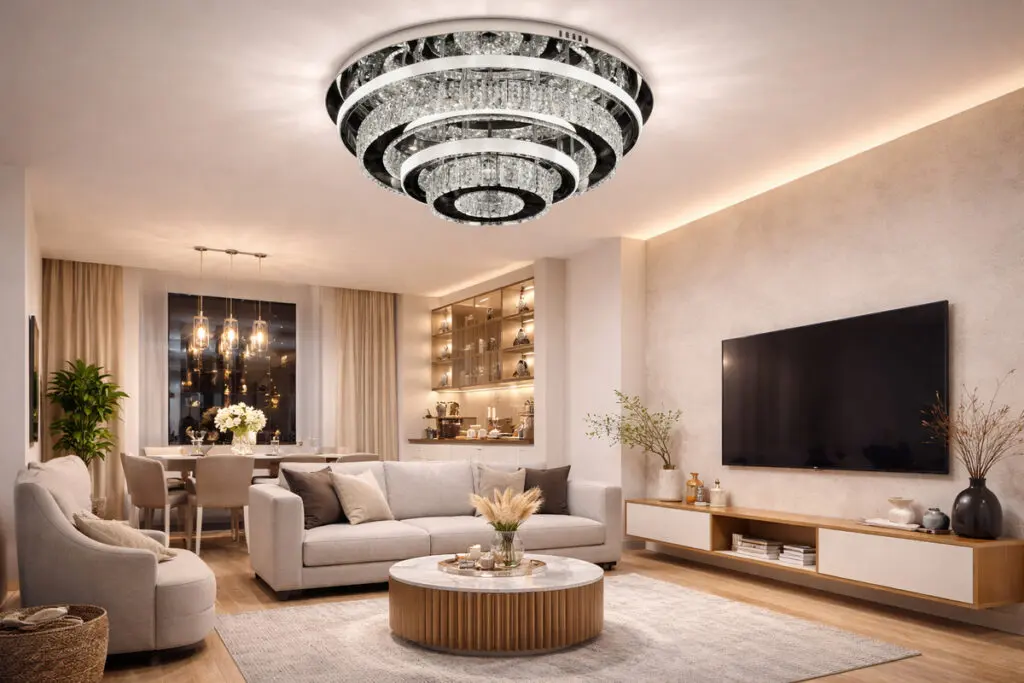 Moderan LED luster sa kristalnim detaljima u enterijeru kuće, kružni plafonski dizajn sa dekorativnim osvetljenjem