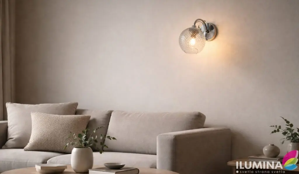 Moderna zidna lampa sa hromiranim nosačem i prozirnom staklenom kuglom u minimalističkoj dnevnoj sobi