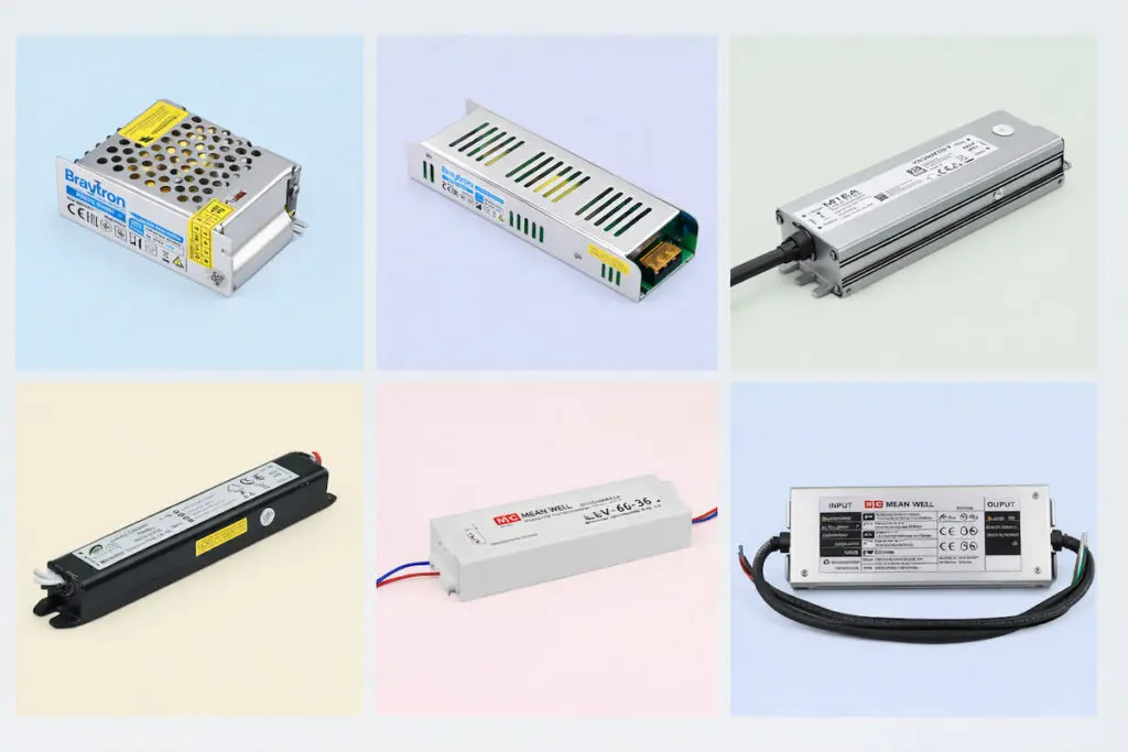 Katalog prikaz LED napajanja za LED trake različitih dimenzija i tipova metalna i plastična kućišta raspoređena u odvojene segmente na svetloj pastelnoj pozadini