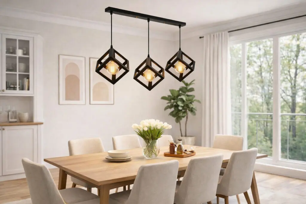 Svetla moderna trpezarija sa drvenim trpezarijskim stolom i crnim geometrijskim lusterom sa toplim LED sijalicama