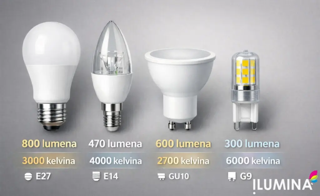 Prikaz različitih LED sijalica sa oznakama za lumene, temperaturu boje u kelvinima i tip grla E27, E14, GU10 i G9