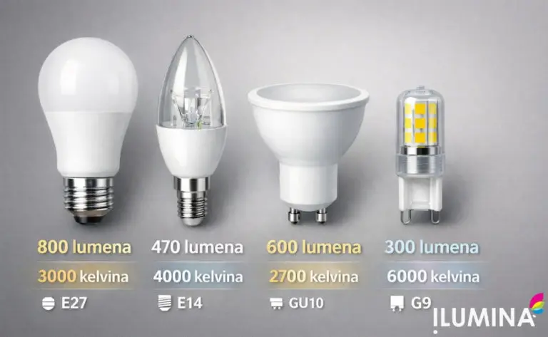 Prikaz različitih LED sijalica sa oznakama za lumene, temperaturu boje u kelvinima i tip grla E27, E14, GU10 i G9