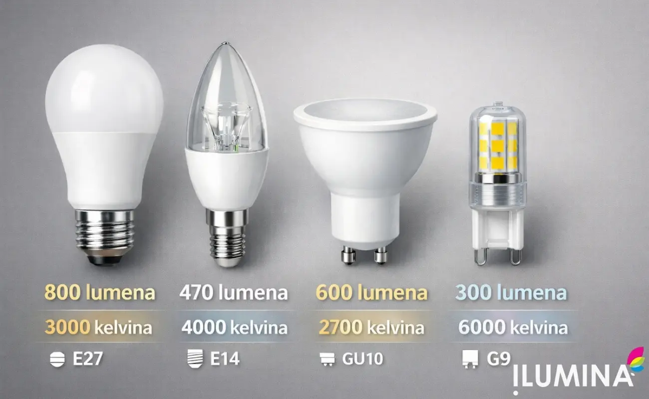 Prikaz različitih LED sijalica sa oznakama za lumene, temperaturu boje u kelvinima i tip grla E27, E14, GU10 i G9