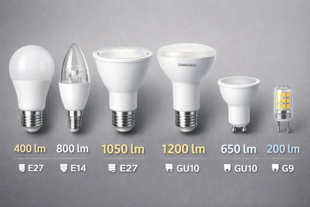 Različite LED sijalice prikazane sa jačinom svetlosti od 200 do 1200 lumena