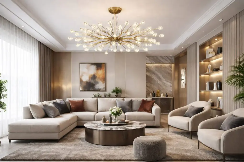 Moderan dnevni boravak sa velikim elegantnim LED lusterom na sredini plafona, ugaonom garniturom i okruglim klub stolom