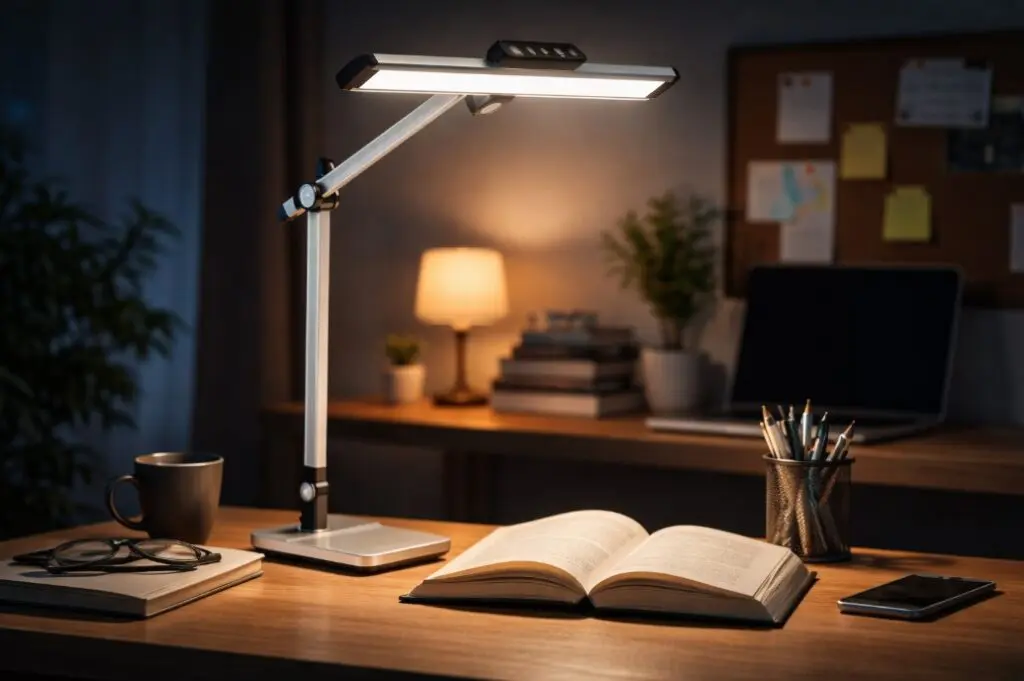 Elegantna srebrna LED stolna lampa osvetljava otvorenu knjigu na urednom radnom stolu noću, uz laptop, šolju i pribor
