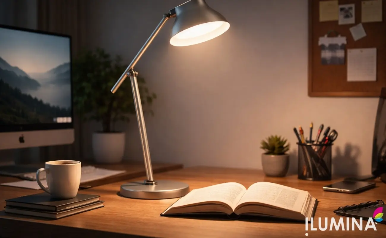Moderne sive stone lampe za čitanje - lampa osvetljava otvorenu knjigu na drvenom radnom stolu, pored šolje kafe i kancelarijskog pribora u noćnom ambijentu