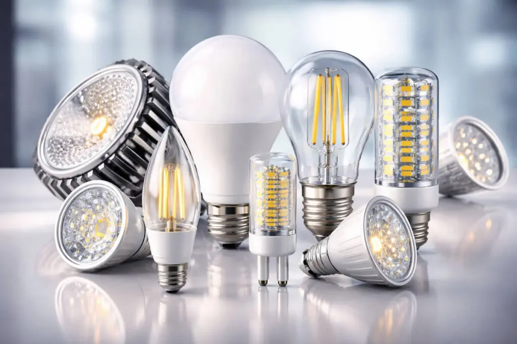 Različite LED sijalice različitih oblika i grla, uključujući klasične, filament i spot modele, poređane na reflektujućoj površini
