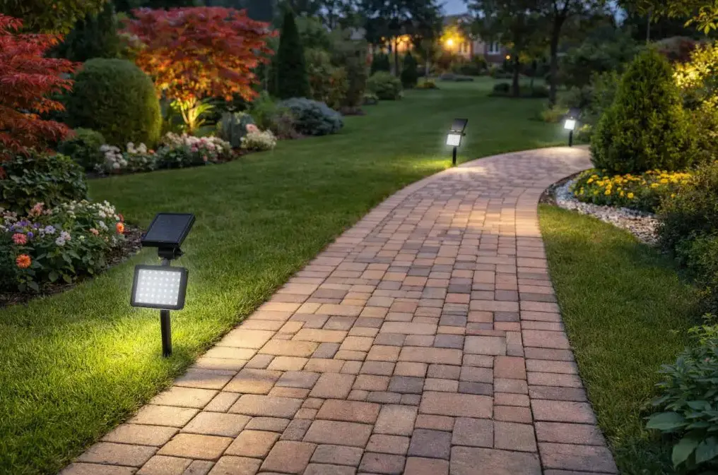 Solarna LED lampa zabodena u travnjak pored behaton staze osvetljava uređeno dvorište u večernjim satima