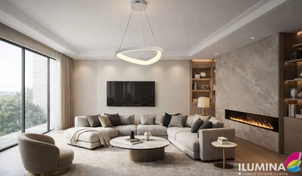 Veliki moderan dnevni boravak sa LED visilicom trouglastog oblika iznad garniture za sedenje