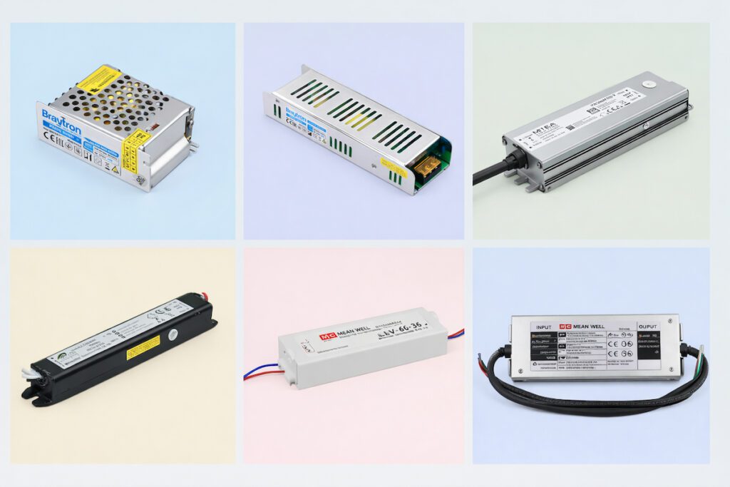 Katalog prikaz LED napajanja za LED trake različitih dimenzija i tipova metalna i plastična kućišta raspoređena u odvojene segmente na svetloj pastelnoj pozadini