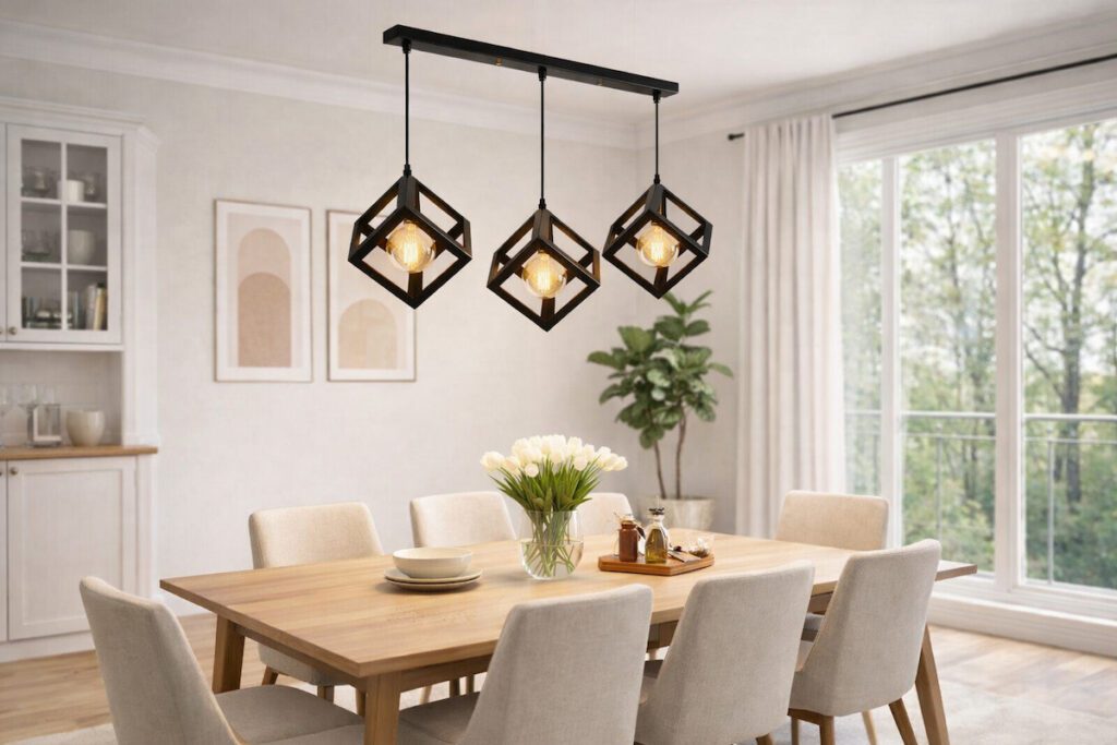 Svetla moderna trpezarija sa drvenim trpezarijskim stolom i crnim geometrijskim lusterom sa toplim LED sijalicama