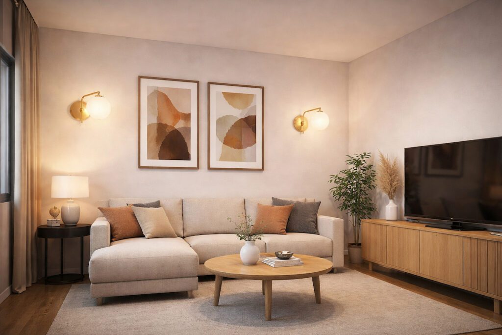 Zidne lampe sa zlatnim nosačem i staklenim kuglastim sjenilom u uređenom dnevnom boravku