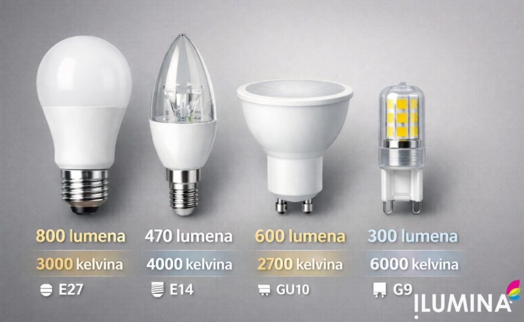 Prikaz različitih LED sijalica sa oznakama za lumene, temperaturu boje u kelvinima i tip grla E27, E14, GU10 i G9