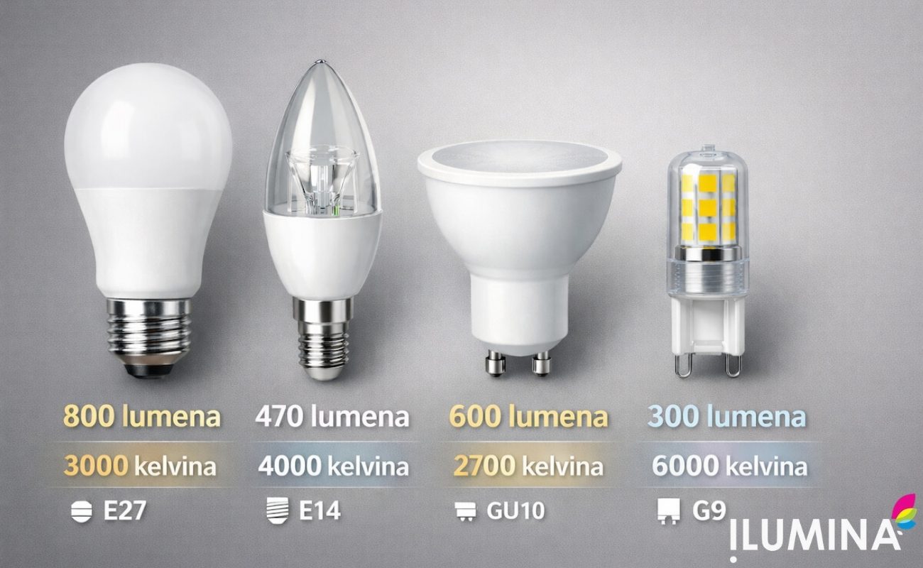Prikaz različitih LED sijalica sa oznakama za lumene, temperaturu boje u kelvinima i tip grla E27, E14, GU10 i G9