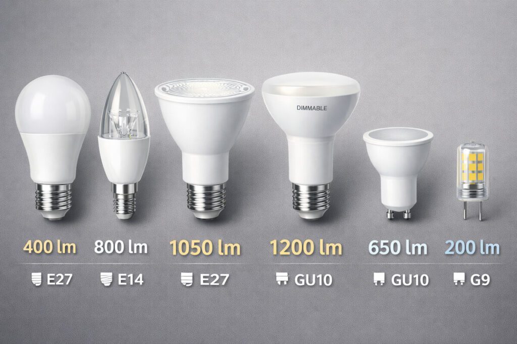 Različite LED sijalice prikazane sa jačinom svetlosti od 200 do 1200 lumena