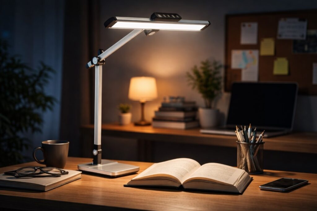 Elegantna srebrna LED stolna lampa osvetljava otvorenu knjigu na urednom radnom stolu noću, uz laptop, šolju i pribor